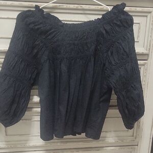 Free People Black Smocked Off-Shoulder Peasant Blouse